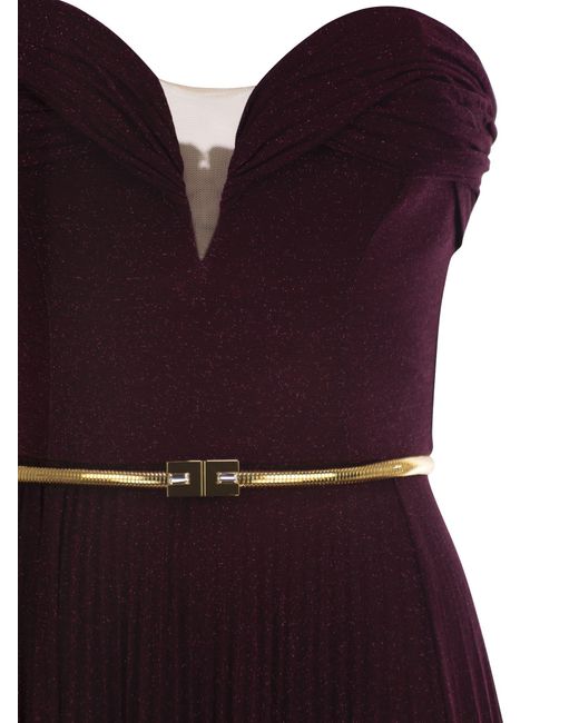 Elisabetta Franchi Purple Plissee Lurex -Trikot -Rotteppichkleid mit Gürtel