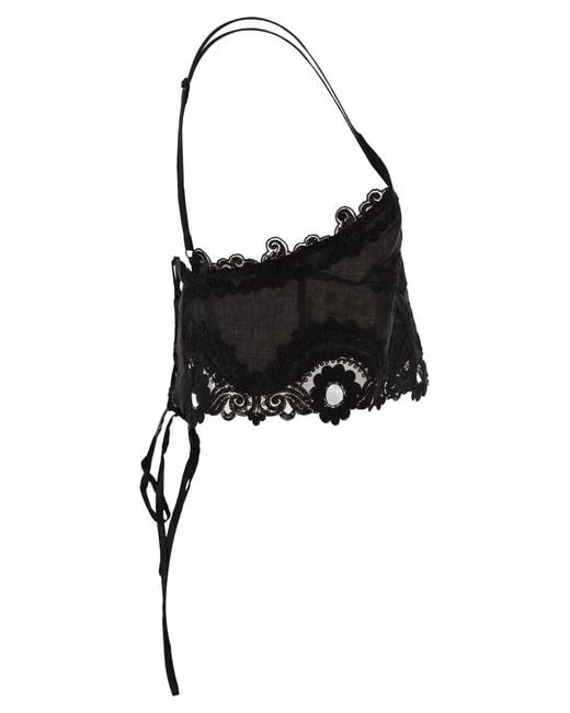 Maurizio Mykonos Black Linen And Rayon Lingerie-Style Top With Embroidery And Corset Back