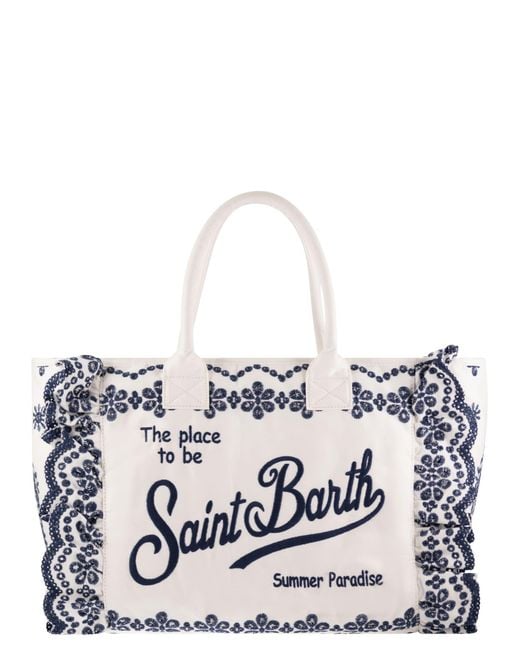Mc2 Saint Barth Multicolor Cotton Canvas Beach Tote Bag With Bandana Print And Ruffles