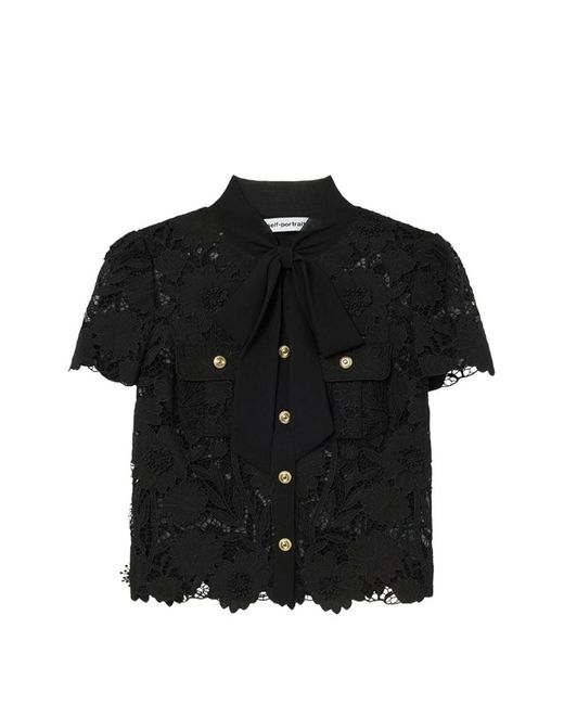 Self-Portrait Black Tie Neck Lace Top