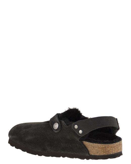 Birkenstock Tokio Shearling Suede En Lambskin Slippers in het Black