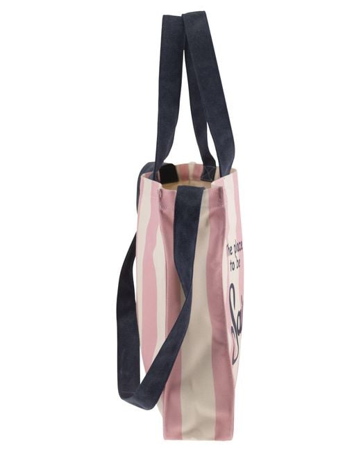 Mc2 Saint Barth Pink Striped Shopping Bag With Saint Barth Logo