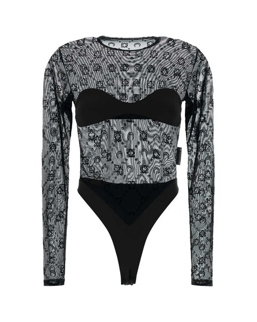 MARINE SERRE Black Stretch Tulle Bodysuit