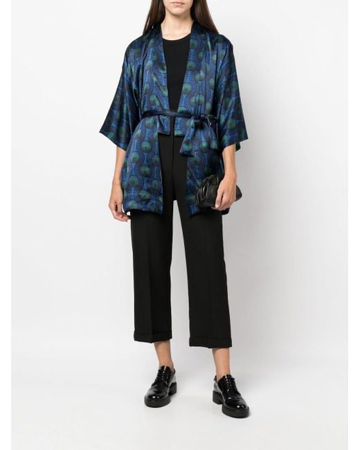 OZWALD BOATENG Blue Printed Silk Short Kimono for men