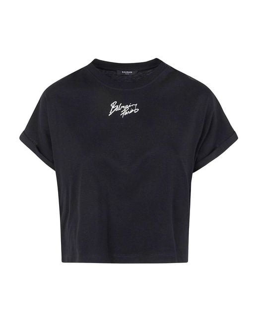 Balmain Blue Logo Cotton Cropped T-Shirt