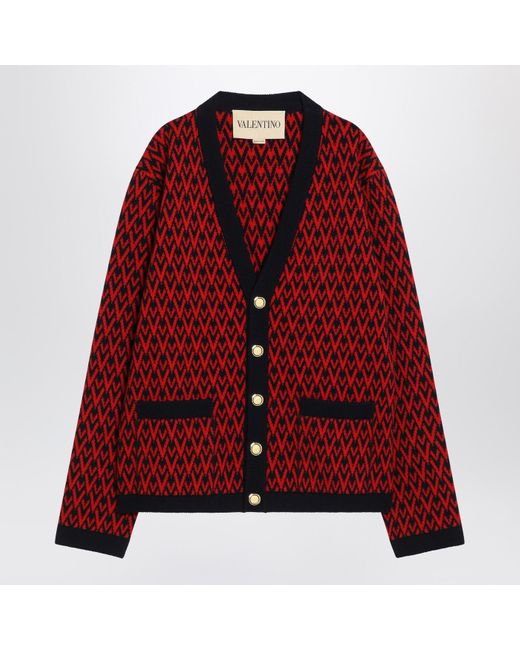 Valentino Red Wool Cardigan With Toute La V Pattern for men