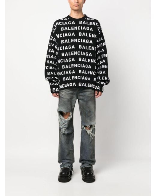 Balenciaga Black Allover Logo Crewneck Sweater for men