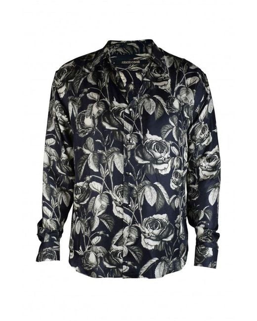 Roberto Cavalli Black Floral Print Silk Shirt With Button Front for men