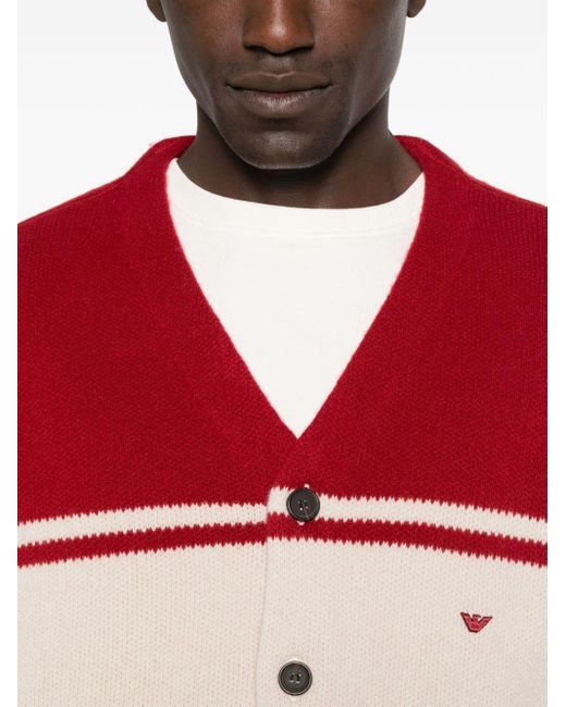Emporio Armani Red Wool V-Necked Cardigan for men