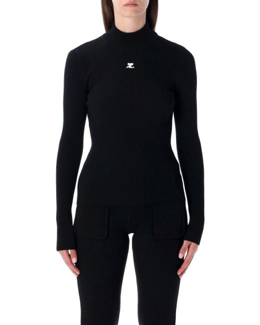 Courreges Blue Rib Knit Mock Neck Sweater