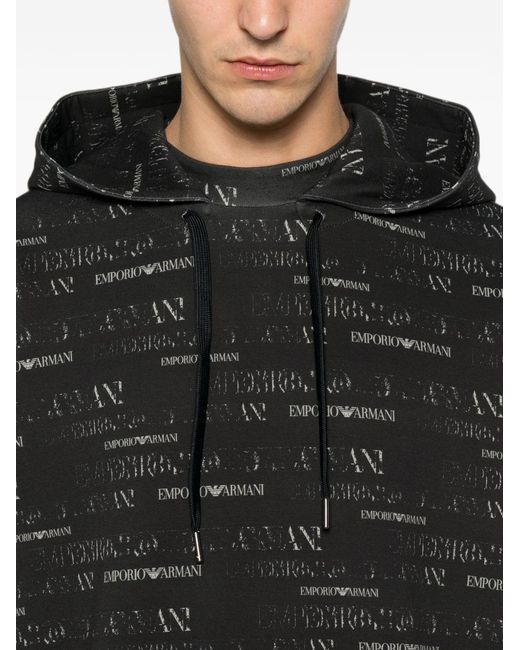 Emporio Armani Black Logo-Pattern Drawstring Hoodie