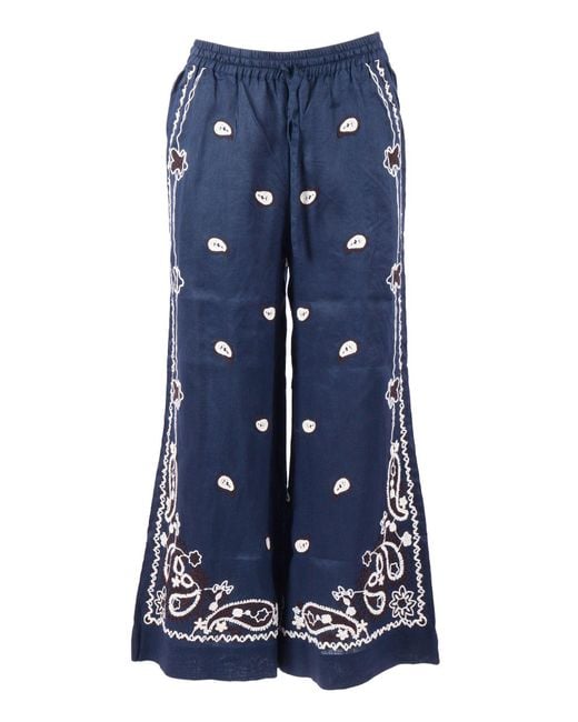 P.A.R.O.S.H. Blue Wide Leg Embroidered Linen Straight-Leg Pants