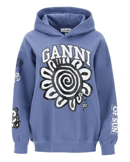 Ganni Blue Hoodie With Graphic Prints