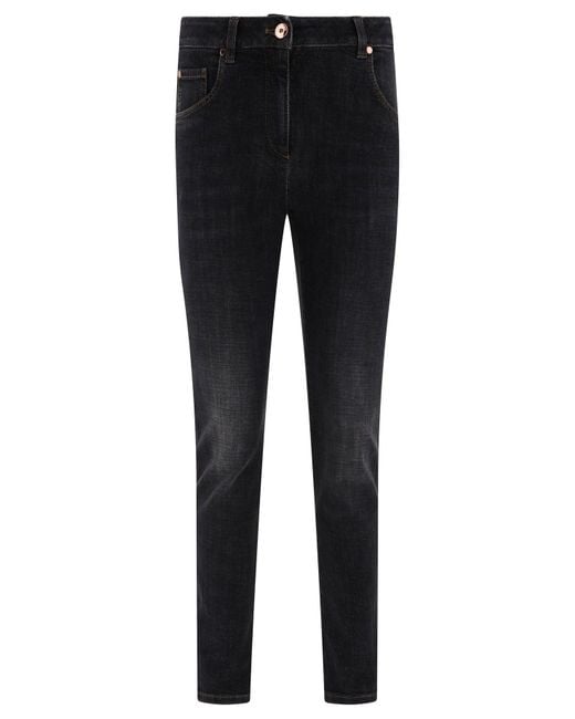 Jeans avec onglet en cuir brillant Brunello Cucinelli en coloris Black