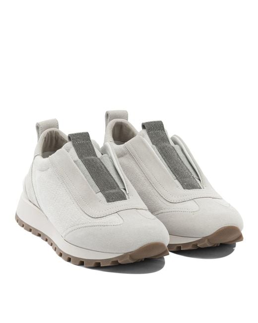 Brunello Cucinelli White Canvas And Suede Sneaker With Precious Detail