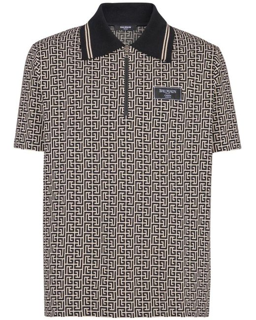 Balmain Black Monogram Zip Polo for men