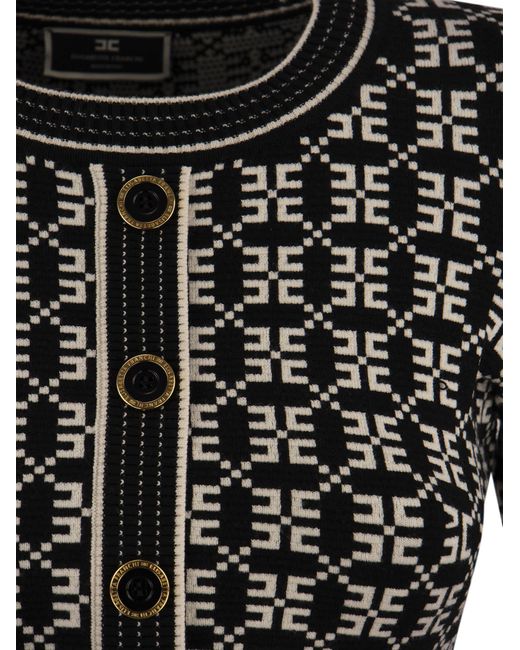 Elisabetta Franchi Black Jacquard Logo Knit Minidress