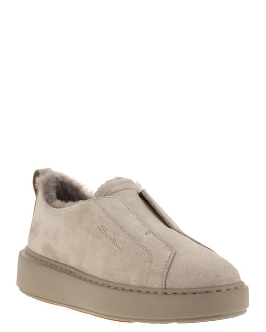 Santoni Brown Slip-On Suede Sneakers With Fur