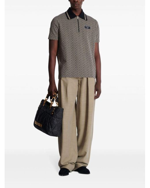 Balmain Black Monogram Zip Polo for men