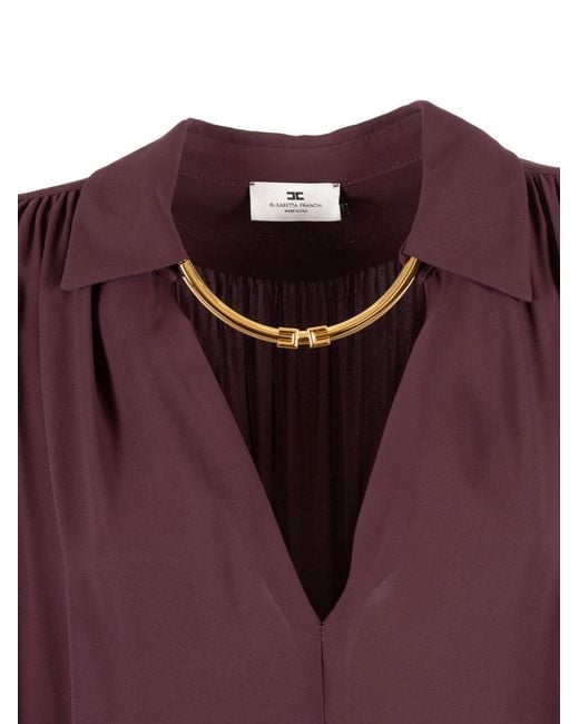 Elisabetta Franchi Purple Burgundy Blouse With Deep V-Neck And Pleated Detailing
