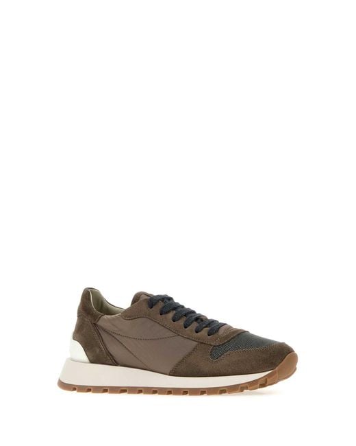 Brunello Cucinelli Brown Mud Fabric And Suede Sneakers