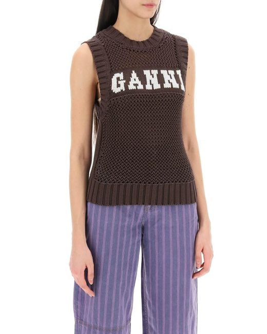 Gilet en tricot de point ouvert avec logo Ganni en coloris Brown