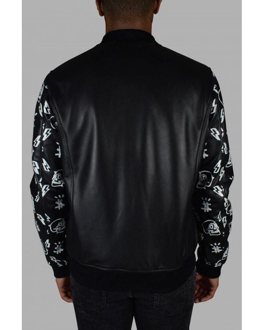 Philipp Plein Black Leather Bomber Jacket With Graphic Sleeves for men