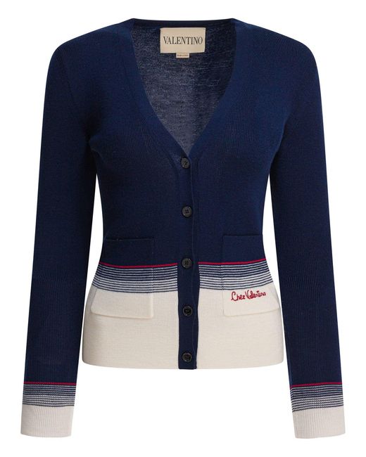 Valentino Blue Essential Chez Logo Wool Cardigan