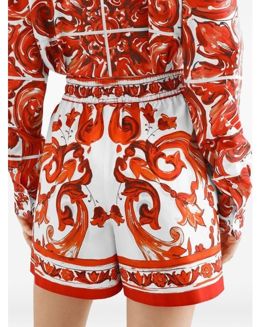 Dolce & Gabbana Red Dolce & Gabbana Poplin Shorts With Majolica Print