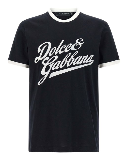 Dolce & Gabbana Black T-Shirt With A Logo And Velvet Finish for men