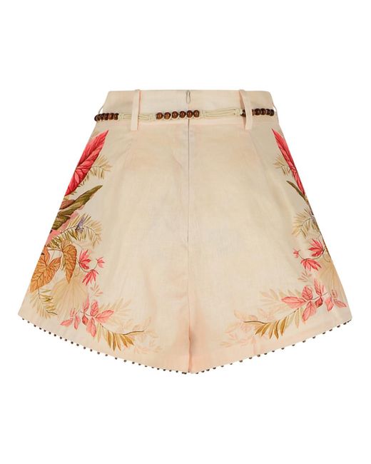 Zimmermann 'tuck' Linnen Geplooide Shorts In 'cream Palm Floral' Kleur in het Natural