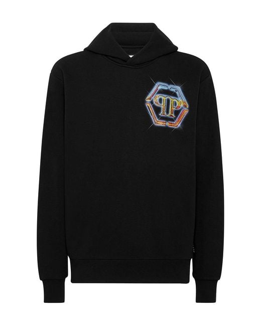Philipp Plein Black Hoodie Sweatshirt Hexagon for men