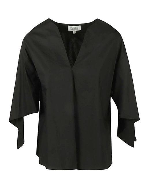 Psophia Black Cotton V Neck Top
