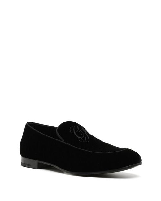Giorgio Armani Black Embroidered Logo Velvet Loafers