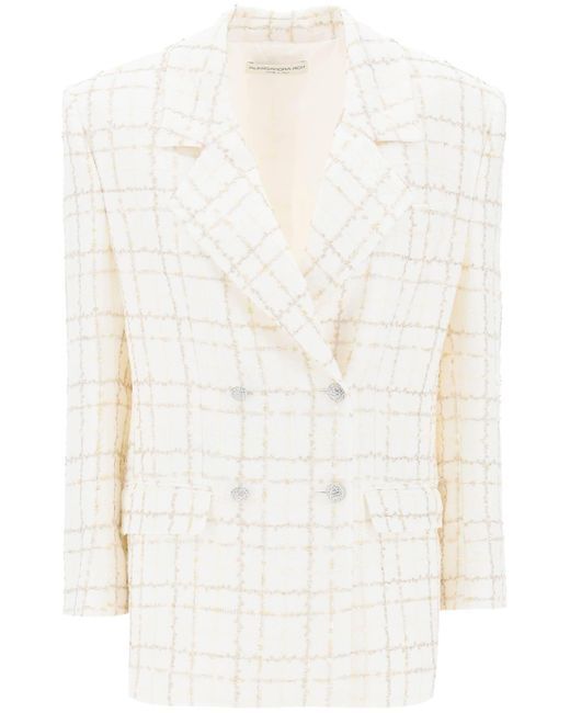 Alessandra Rich Oversized Tweed Jacket Met Plaidpatroon in het White