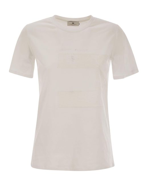Elisabetta Franchi White Jersey T-Shirt With Voile Macro Logo