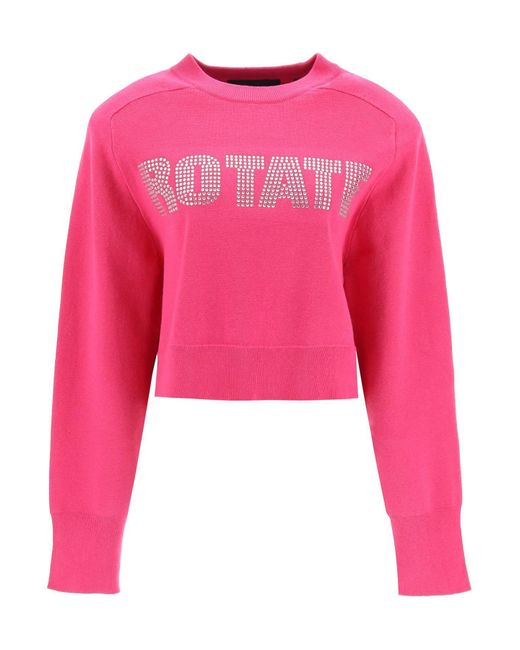 ROTATE BIRGER CHRISTENSEN Roteer Rhinestone Logo Organic Cotton Sweater in het Pink