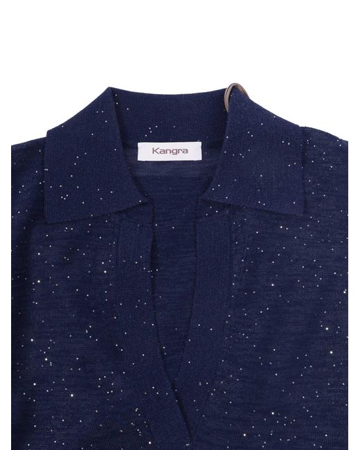 Kangra Cashmere Blue Polo Aperta M.Corta Con Micropaillettes