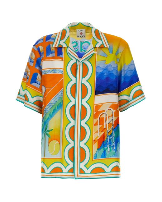 Casablanca White Silk Satin Cubaans Shirt in het Blue