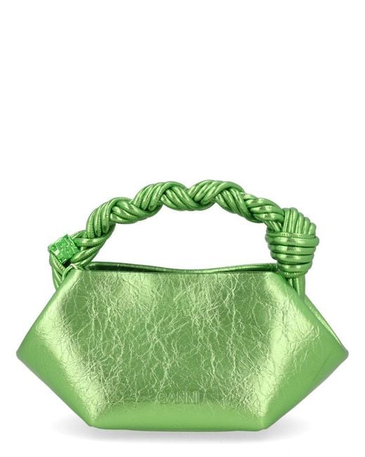 Ganni Green Metallic Crinkled Top-Handle Bag