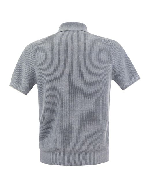 Brunello Cucinelli Gray Linen And Cotton Half-Rib Knit Polo Shirt With Contrasting Detailing for men