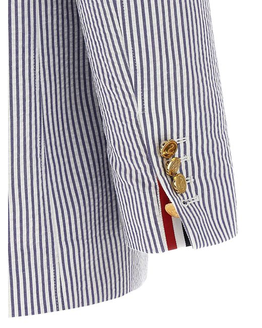 Thom Browne Blue Single-Breasted Striped Cotton Seersucker Blazer