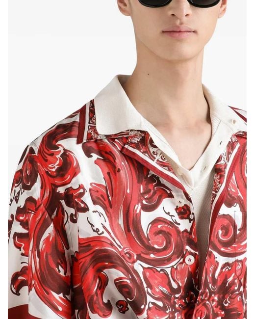 Dolce & Gabbana Red Dolce & Gabbana Silk Twill Hawaiian Shirt With Majolica Print for men