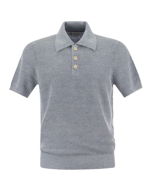 Brunello Cucinelli Gray Linen And Cotton Half-Rib Knit Polo Shirt With Contrasting Detailing for men