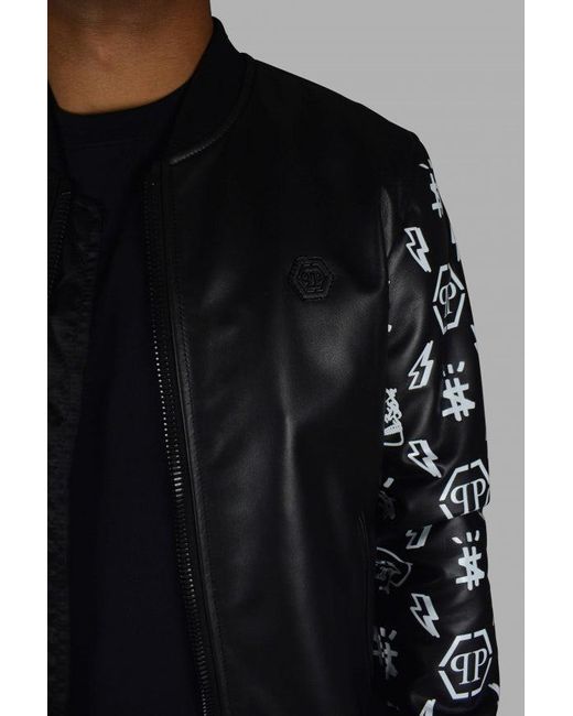 Philipp Plein Black Leather Bomber Jacket With Graphic Sleeves for men