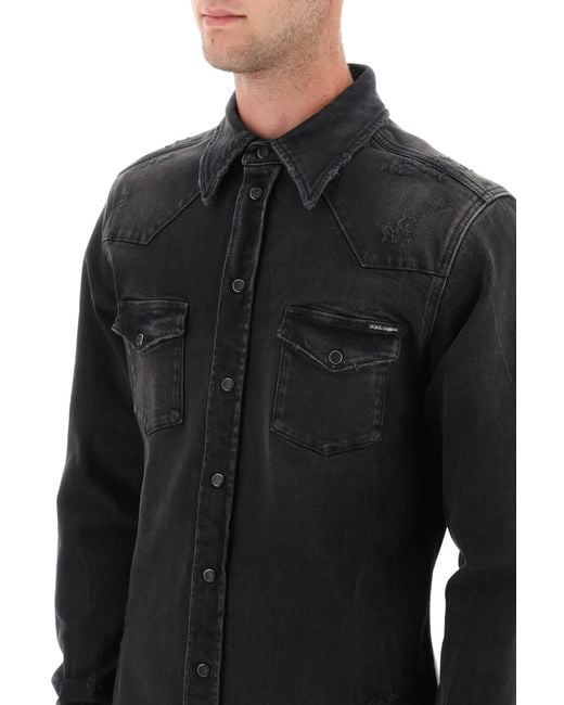 Dolce & Gabbana Distressed Denim Western Shirt in het Black voor heren