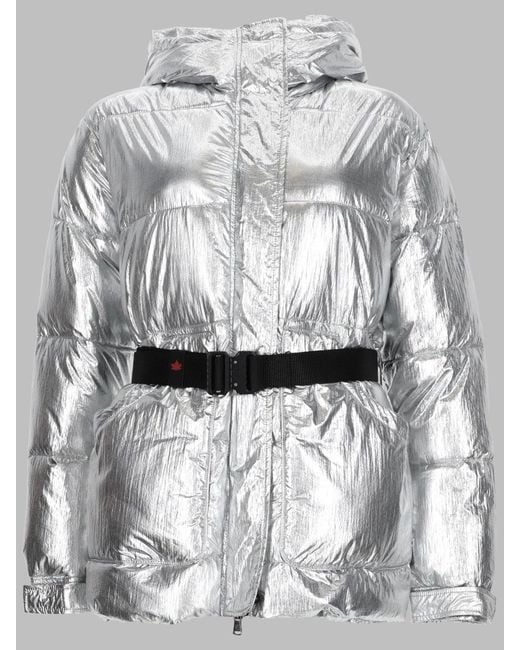 Canadian Gray Metallic Puffer Jacket With Hood And Belt