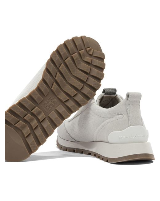 Brunello Cucinelli White Canvas And Suede Sneaker With Precious Detail