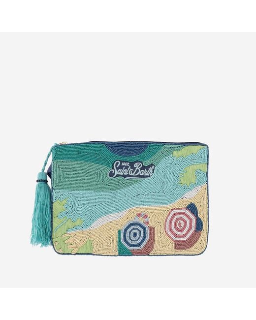 Mc2 Saint Barth Blue Cotton Clutch With Beaded Beach Motif