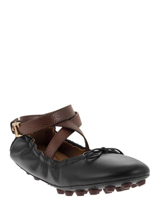 Tod's Black Bubble Leather Ballerina With Strap